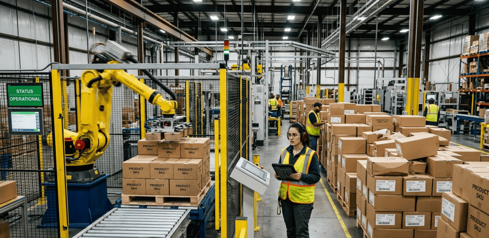 Produksi dengan robot palletizing Produksi dengan robot palletizing