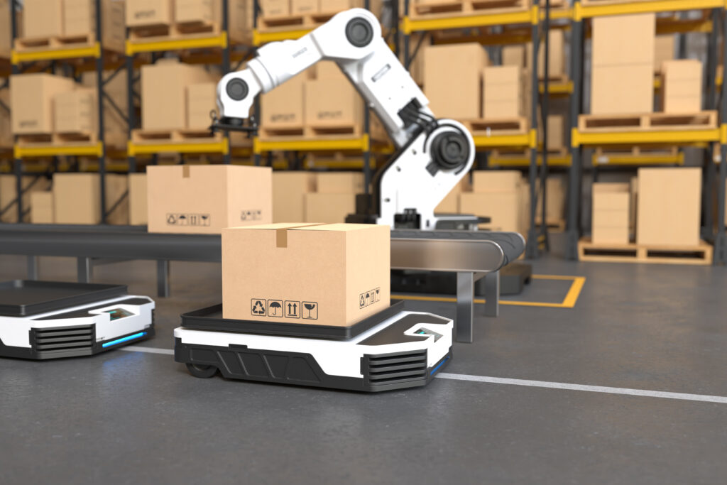 The Robot arm picks up the box to Autonomous Robot transportatio